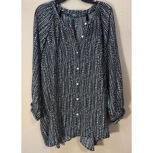 Terra & Sky Tunic Blouse Womens 4X Black White Dot Button Up 3/4 Sleeve Top NEW